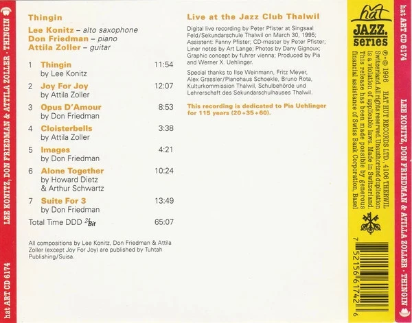 CD Lee Konitz, Don Friedman & Attila Zoller "Thingin" – photo 2